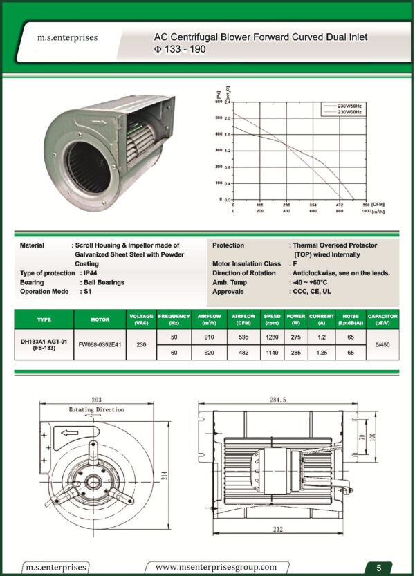 DH133A1-AGT-01 FS133 -190 FS133P0000 centrifugal blower fans Forward curved Dual Inlet fs133 make fans-tech